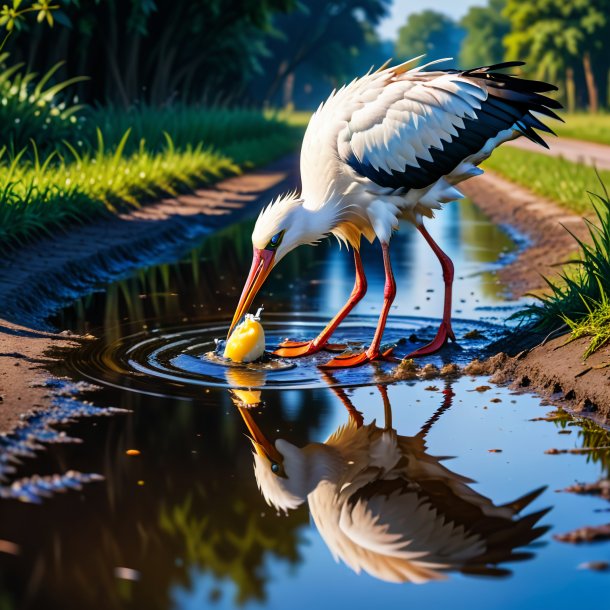 Pic of a eating of a stork in the puddle