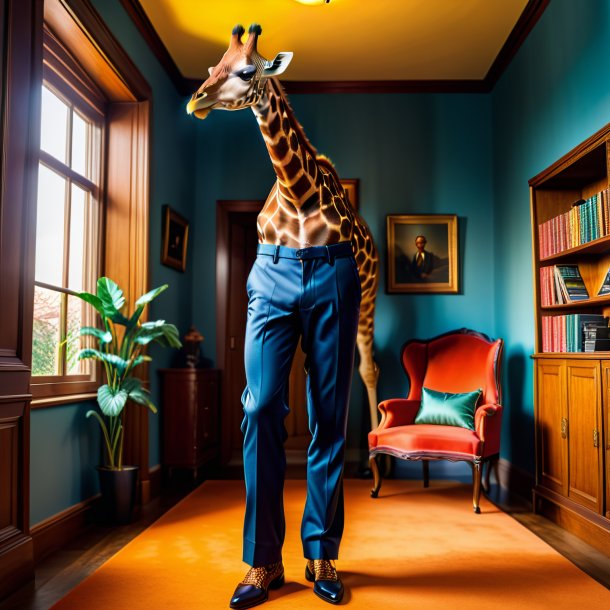 Foto de uma girafa em uma calça na casa