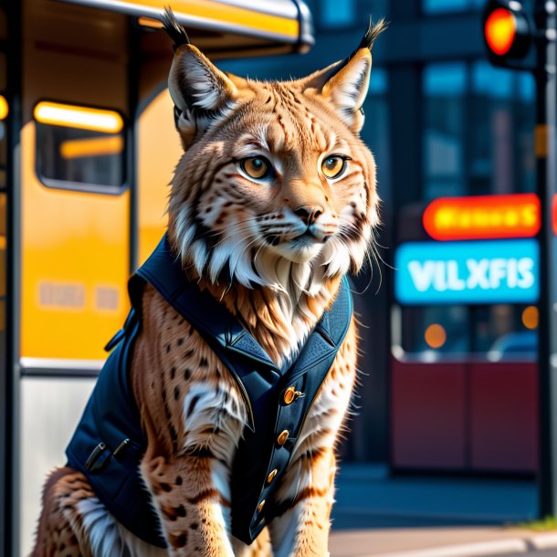 Foto de um lince em um colete no ponto de ônibus