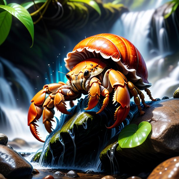 Drawing of a hermit crab in a gloves in the waterfall