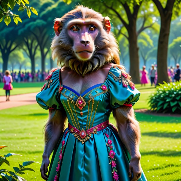 Image of a baboon in a dress in the park