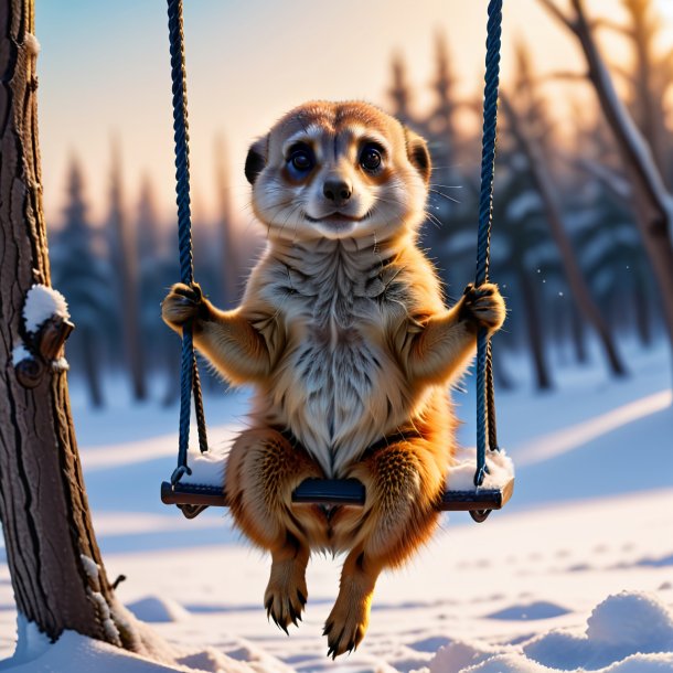 Photo of a swinging on a swing of a meerkat in the snow