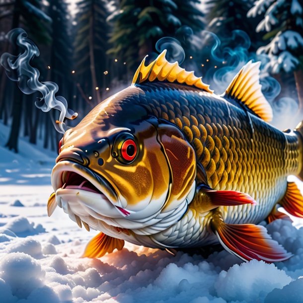 Picture of a smoking of a carp in the snow