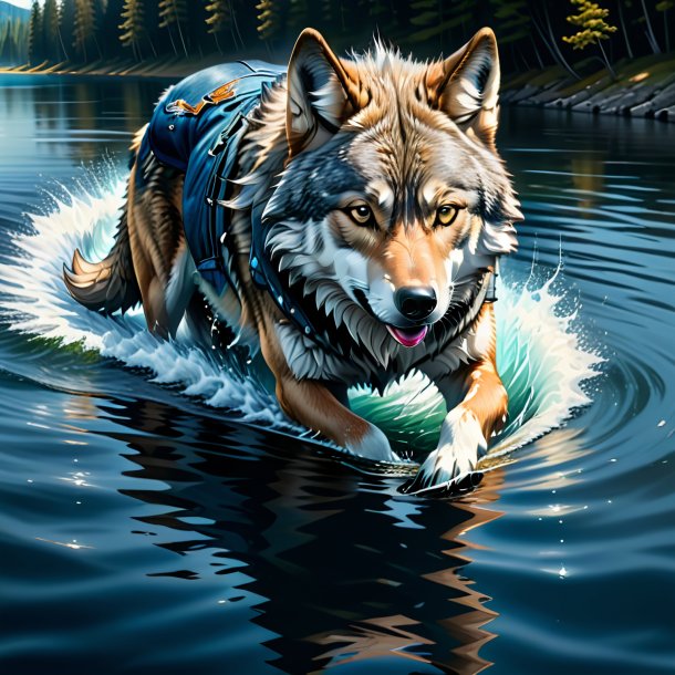 Dibujo de un lobo en un jeans en el agua