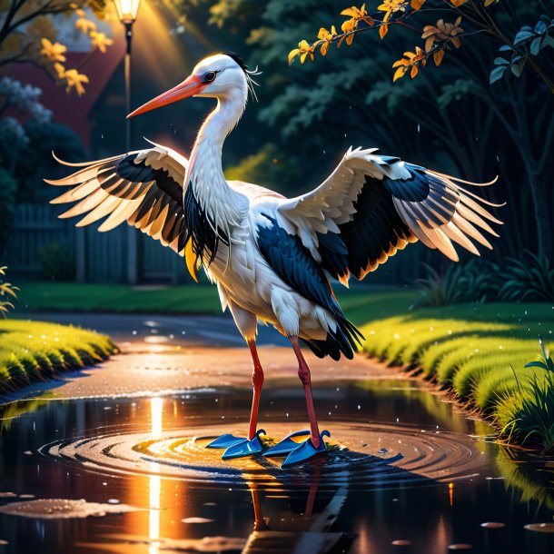 Drawing of a stork in a sweater in the puddle