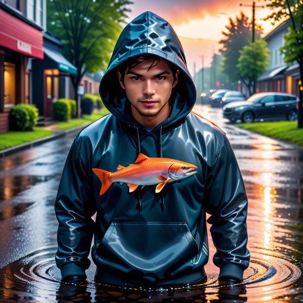 Photo of a salmon in a hoodie in the puddle