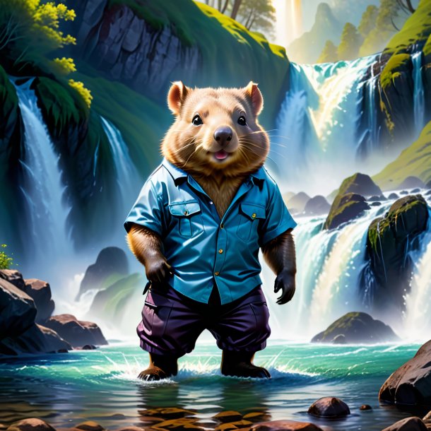 Illustration of a wombat in a trousers in the waterfall