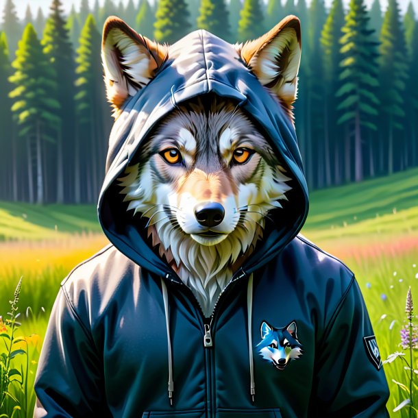 Foto de um lobo em um hoodie no prado