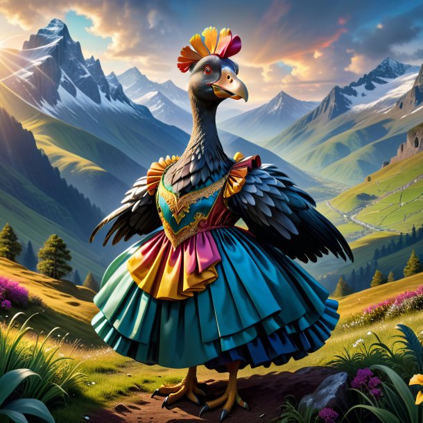 Ilustración de un dodo en un vestido en las montañas