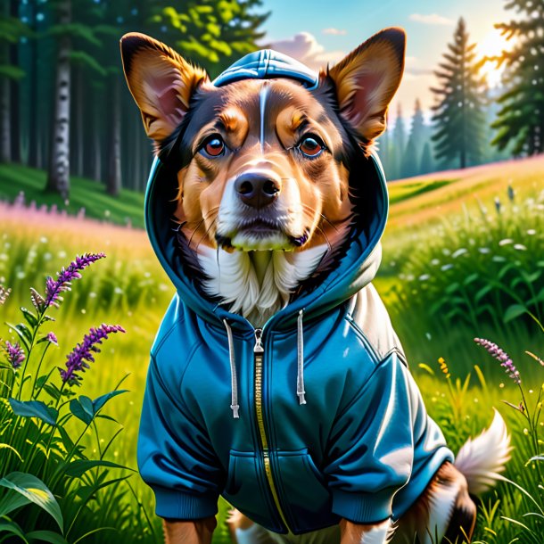 Image of a dog in a hoodie in the meadow