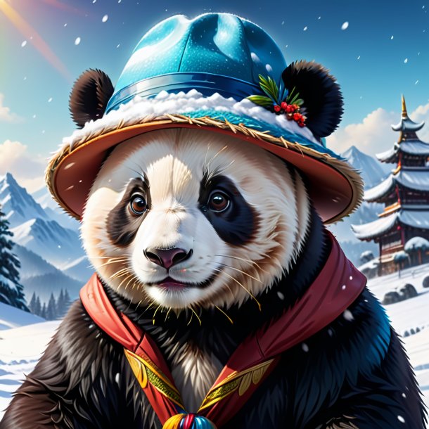 Drawing of a giant panda in a hat in the snow