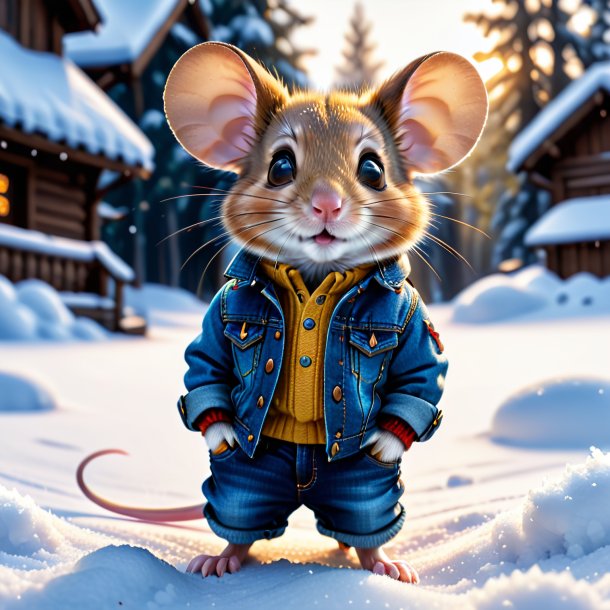 Pic d'une souris dans un jean dans la neige