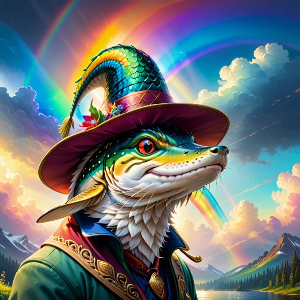 Illustration of a pike in a hat on the rainbow