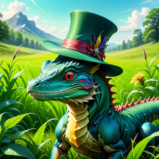 Illustration of a basilisk in a hat in the meadow