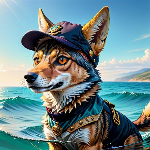 Drawing of a jackal in a cap in the sea