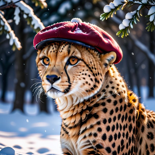 Pic of a cheetah in a cap in the snow