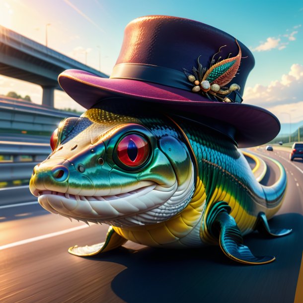 Illustration of a eel in a hat on the highway