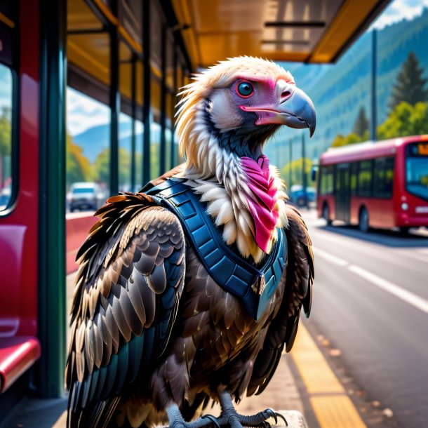 Picture of a vulture in a vest on the bus stop