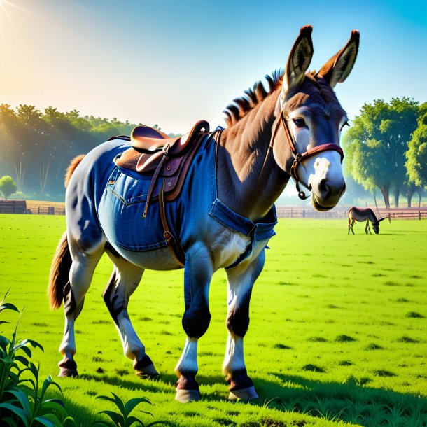 Imagem de um burro em um jeans no campo