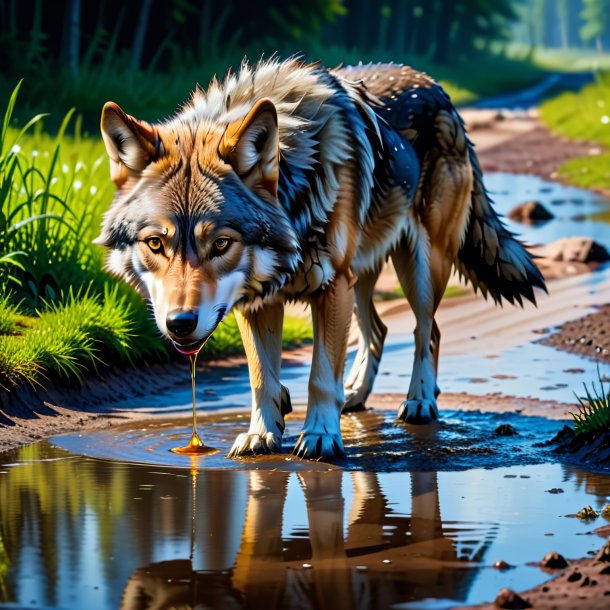 Foto de um beber de um lobo na poça