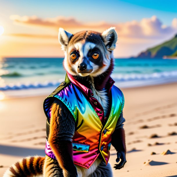 Image of a lemur in a vest on the beach