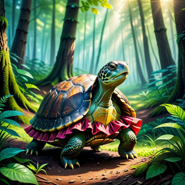 Image of a turtle in a skirt in the forest