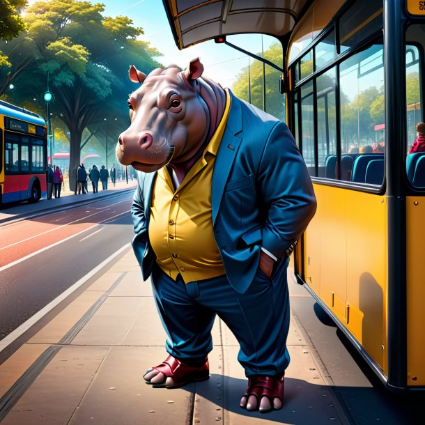 Drawing of a hippopotamus in a trousers on the bus stop