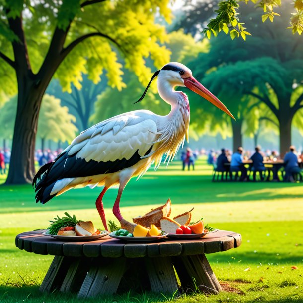 Foto de un comer de una cigüeña en el parque