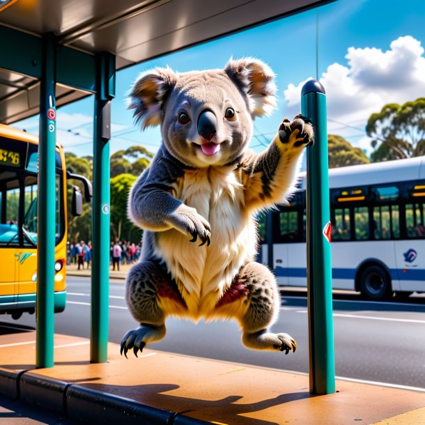 Foto de un salto de un koala en la parada de autobús