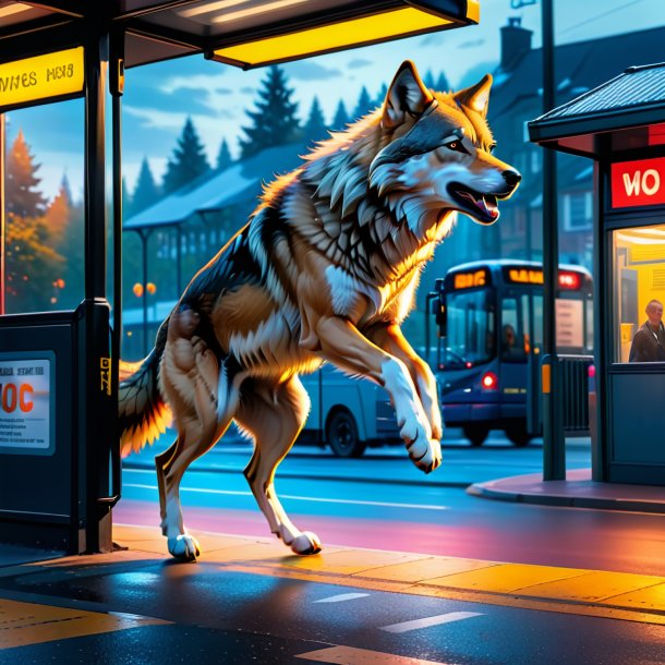 Pic of a jumping of a wolf on the bus stop