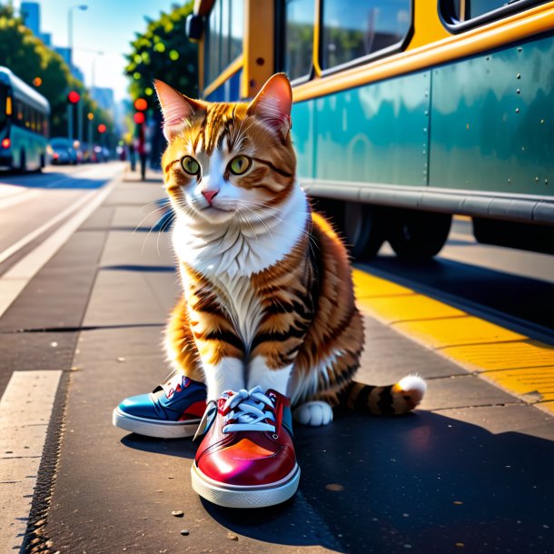 Imagem de um gato em um sapato no ponto de ônibus