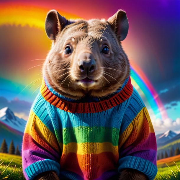 Imagen de un wombat en un suéter en el arco iris