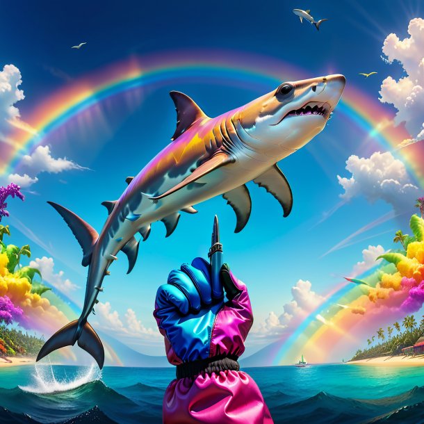 Drawing of a hammerhead shark in a gloves on the rainbow