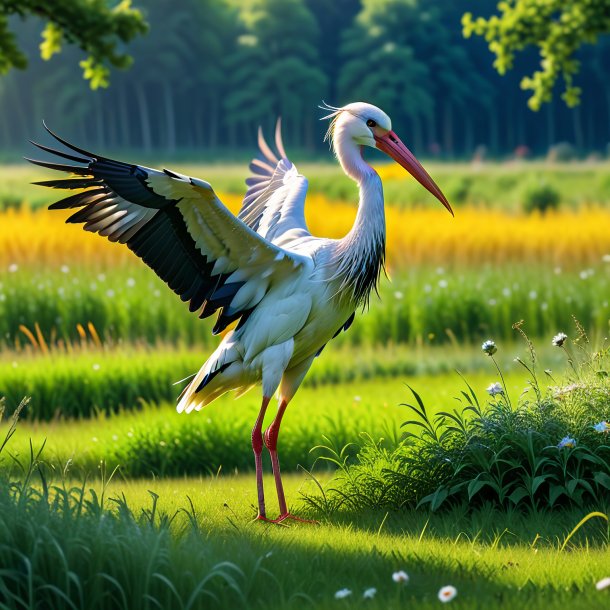 Image of a playing of a stork in the meadow