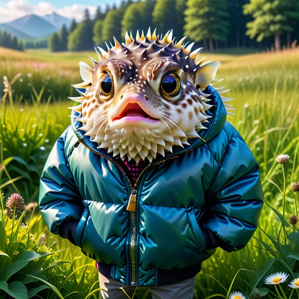 Pic of a pufferfish in a jacket in the meadow