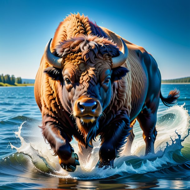 Foto de um bisonte em um jeans na água