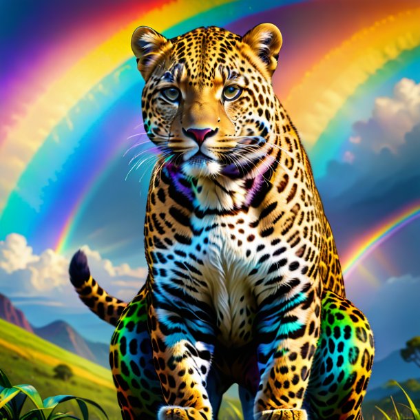 Drawing of a leopard in a trousers on the rainbow