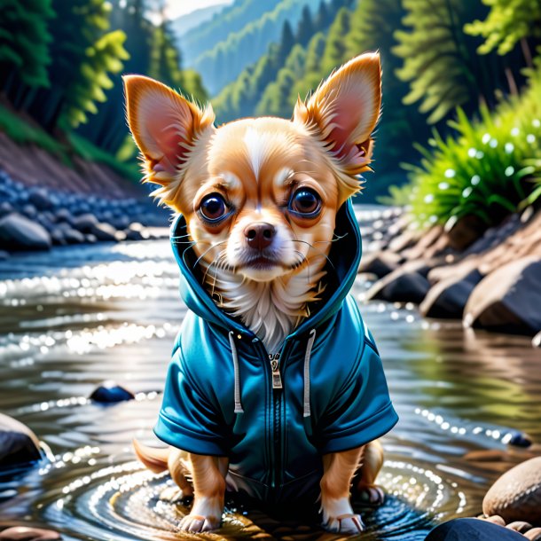 Photo of a chihuahua in a hoodie in the river