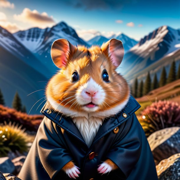 Foto de um hamster em um casaco nas montanhas