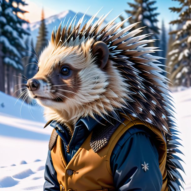 Photo of a porcupine in a vest in the snow