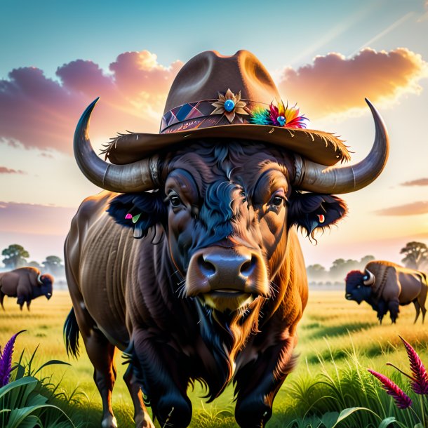 Image of a buffalo in a hat on the field