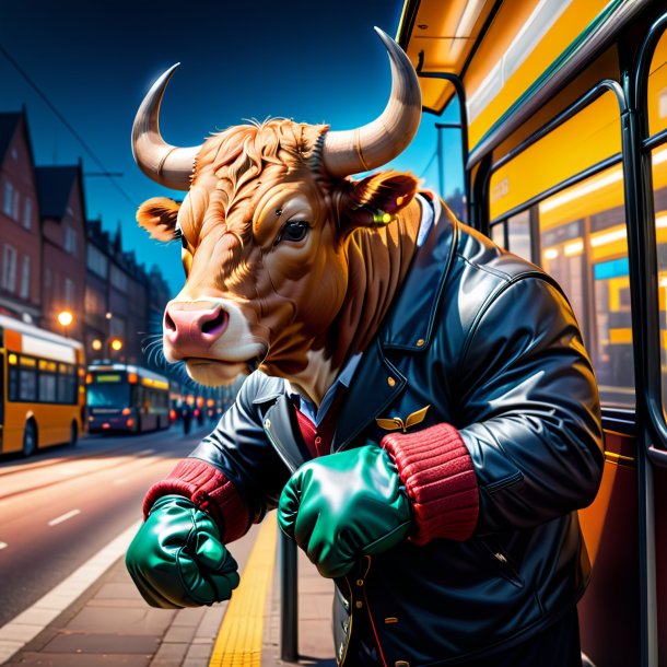 Foto de un toro en guantes en la parada de autobús