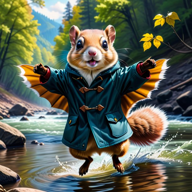 Drawing of a flying squirrel in a coat in the river