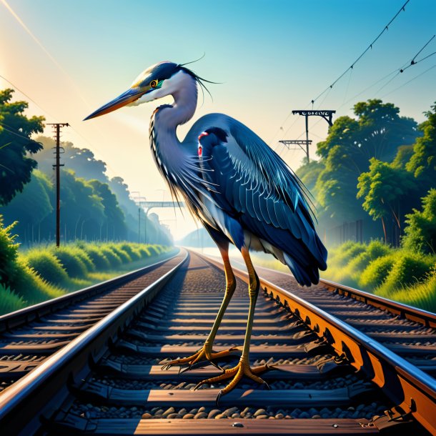 Ilustración de una garza en un jeans en las vías del tren