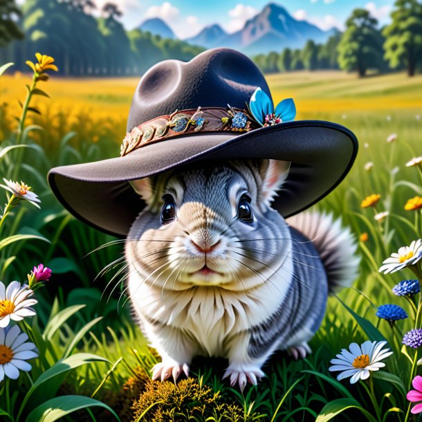 Picture of a chinchillas in a hat in the meadow