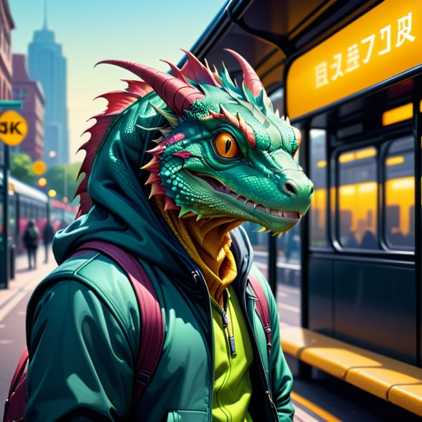 Ilustración de un basilisk en una sudadera con capucha en la parada de autobús