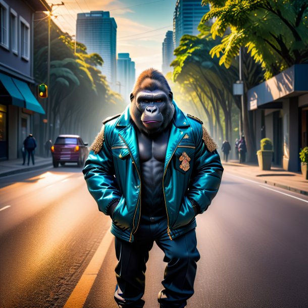 Photo of a gorilla in a jacket on the road