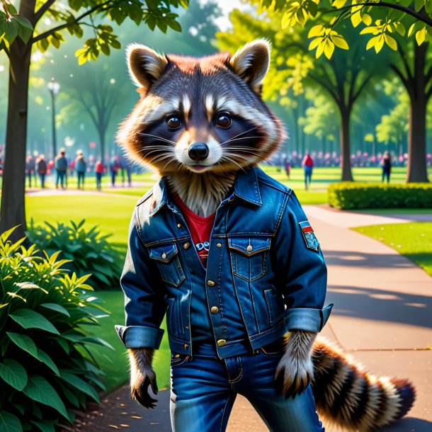 Picture of a raccoon in a jeans in the park