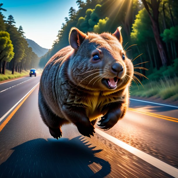 Photo of a jumping of a wombat on the road