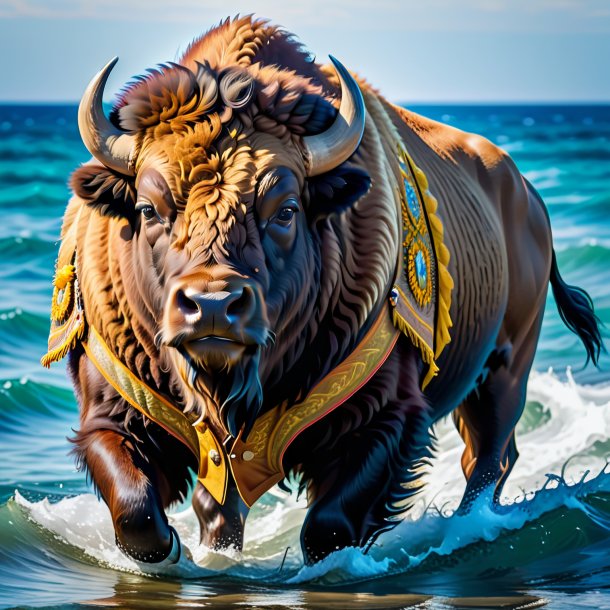 Imagem de um bisonte em um colete no mar